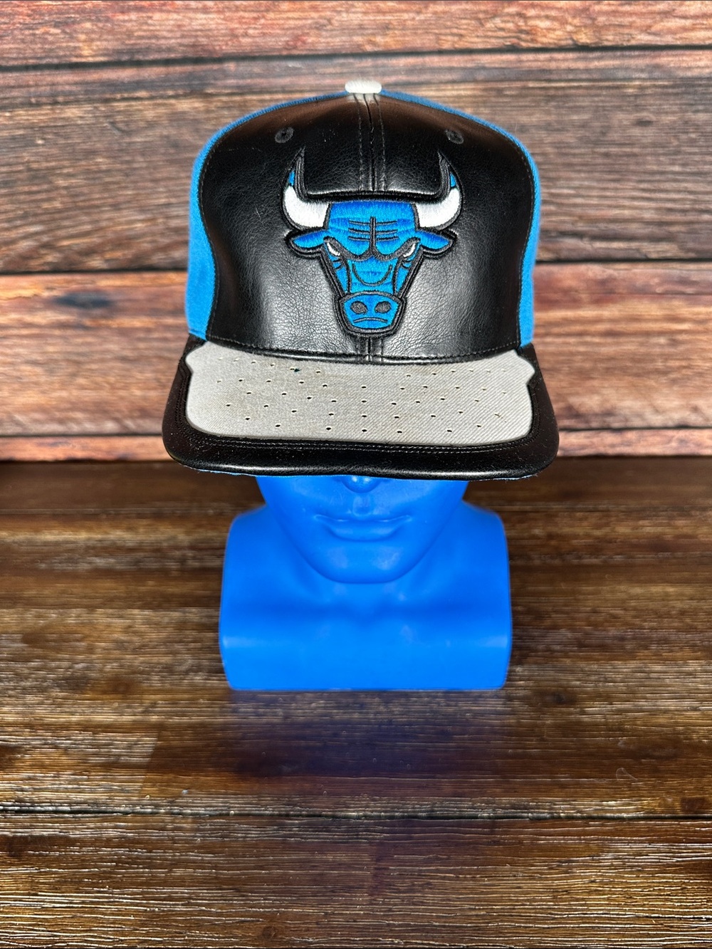 Mitchell & Ness Chicago Bulls Black and Blue Leather Snapback Hat with Gray Brim